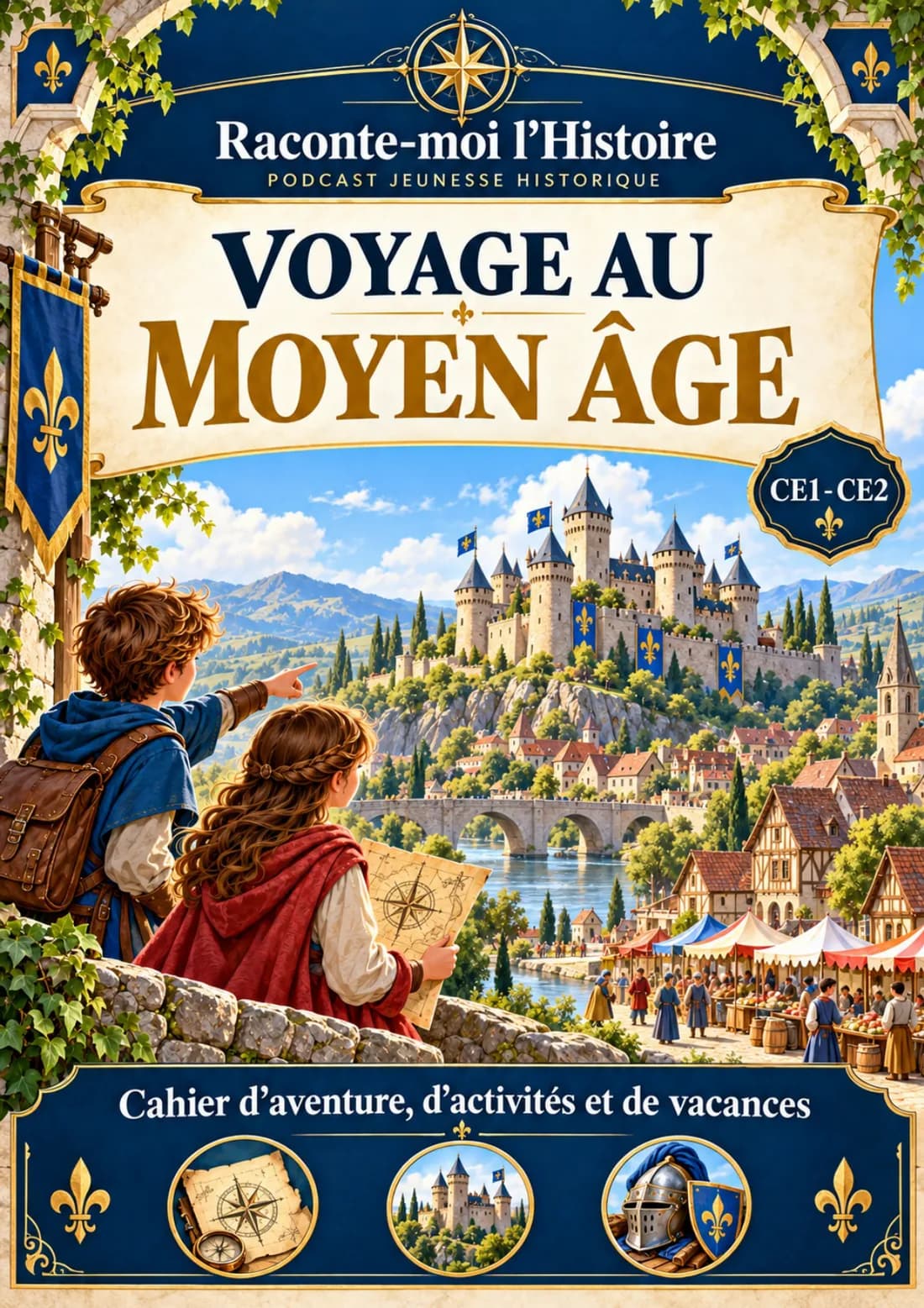 Couverture illustrée de Voyage au Moyen Âge, cahier de vacances CE1–CE2