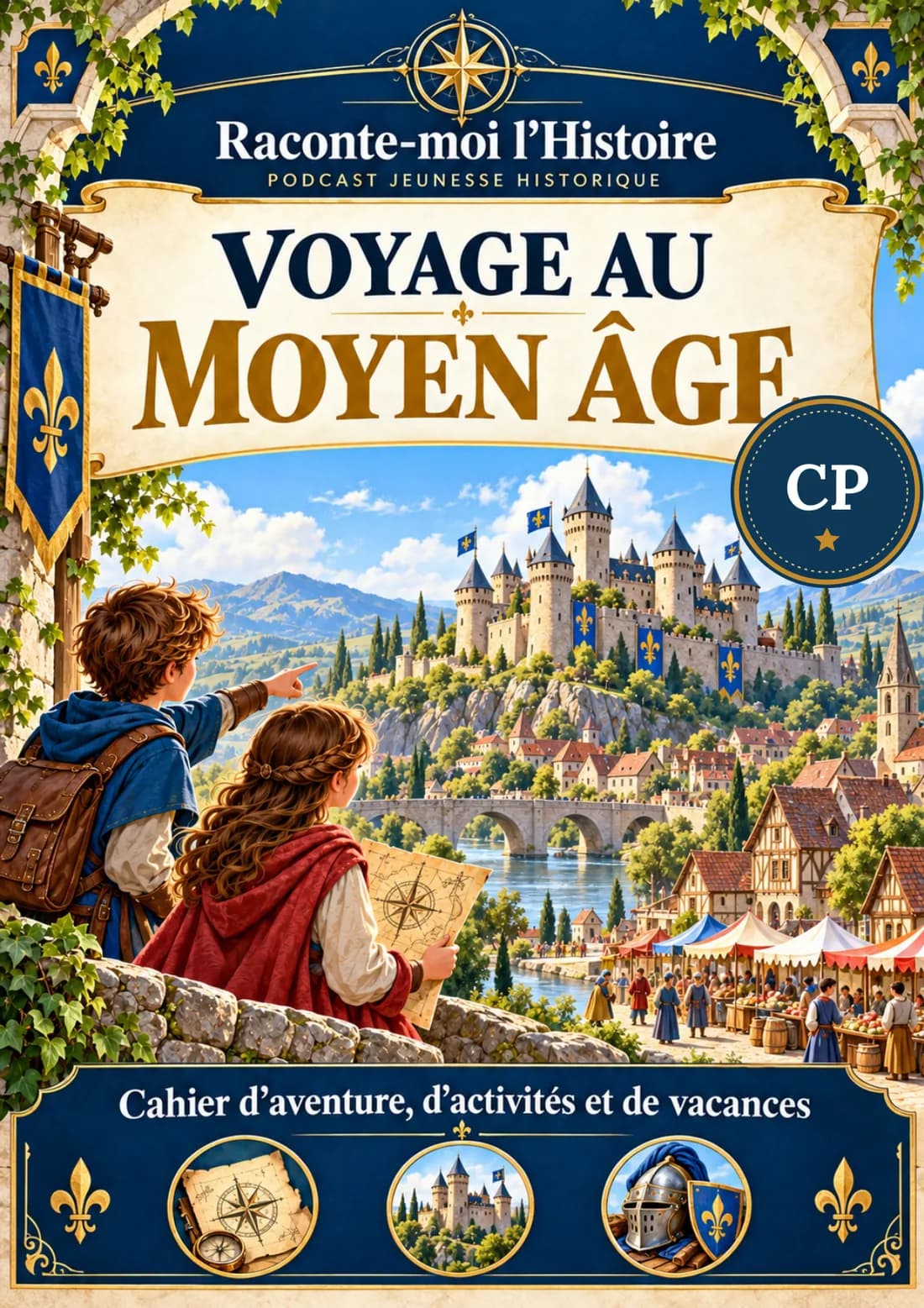 Couverture illustrée de Voyage au Moyen Âge, cahier de vacances CP