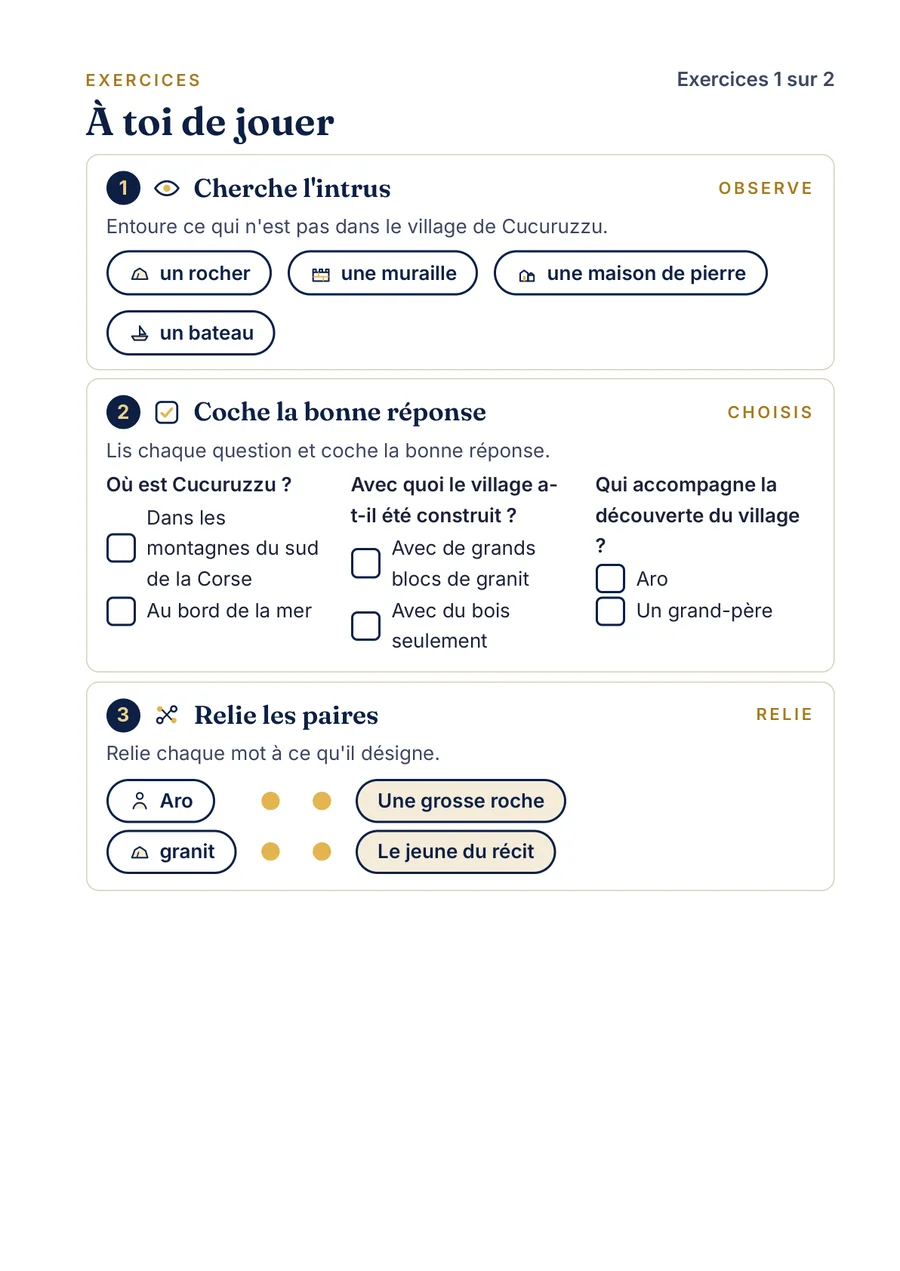 Page d'activités du fascicule Cucuruzzu — version 6–7 ans