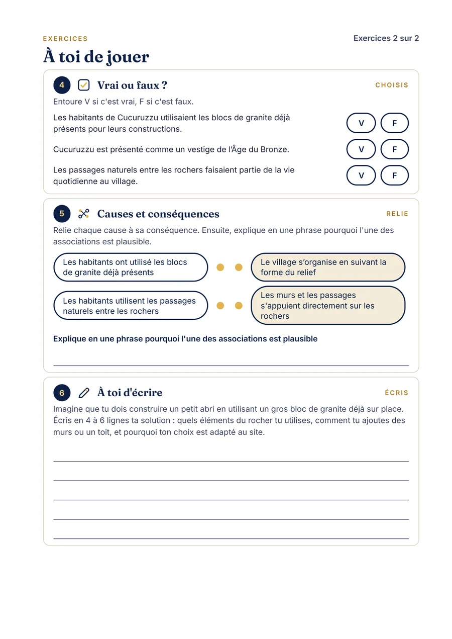 Page de réflexion du fascicule Cucuruzzu — version 10–12 ans